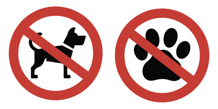 No pets allowed warning icon showing dog silhouette footprint and prohibition mark for public and private safety areas