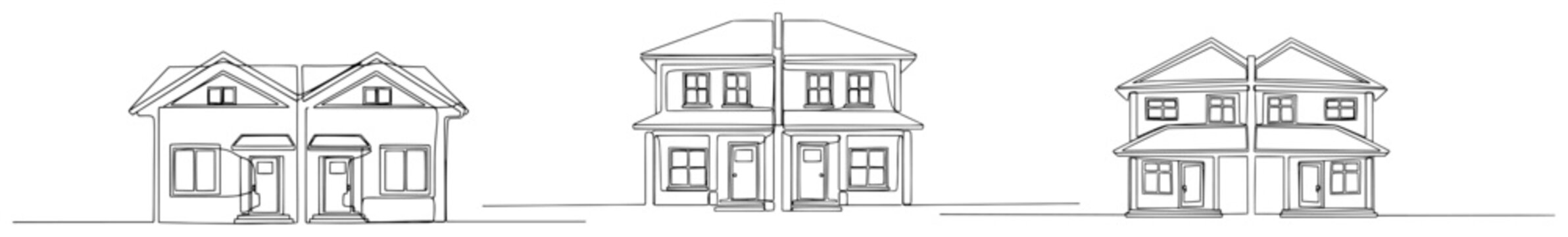 Set of suburban semi detached duplex house elevations in minimalist line art style