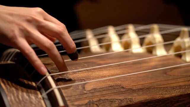 Close-up of a Musicians Hand Playing a Traditional Japanese Koto Instrument with Delicate Precision.