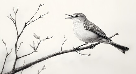 Fototapeta premium Mockingbird pencil portrait songbird perched with open beak picture