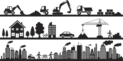 Black vector silhouette set of industrial construction machinery urban building development residential houses and city skyline for civil engineering architectural planning and infrastructure branding © MdHasmot