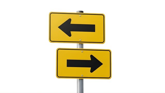 Two yellow directional signs with black arrows pointing in opposite directions on a transparent background