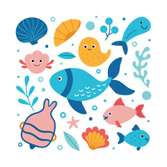 Obraz premium Cute Cartoon Underwater Sea Creatures and Shells 