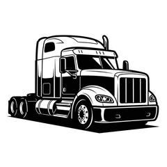 Semi Truck Tractor Unit with Sleeper Cab, Black and White Heavy Duty Transport Vector Illustration
