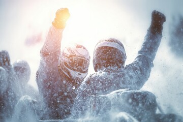 Bobsleigh Athletes Celebrate with Raised Arms in Snowy Winter Scene