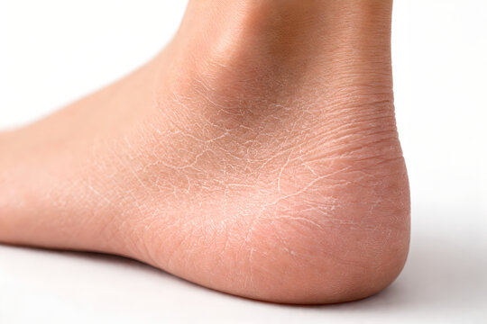 Photorealistic 3D medical-grade macro close-up of xerosis (dry flaky skin) on the lower leg: fine white scaling and subtle &ldquo;crazy paving&rdquo; pattern, intact skin (no bleeding, no wounds)