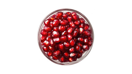 A top-down view of a glass bowl filled with fresh, vibrant red pomegranate seeds on a white background.