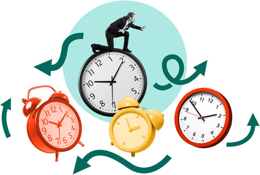 Businessman on large wall clock with colorful alarm clocks and arrows around, in collage style on white background, symbolizing time management concept