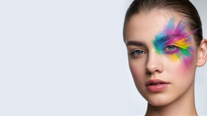 Vibrant face art highlights creativity and beauty in a stunning portrait captured during a fashion event in a modern studio setting