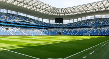 Obraz premium Modern stadium with green field and blue seats ready for sporting events