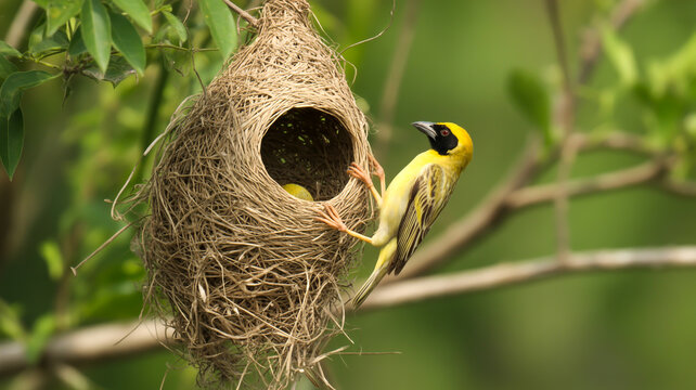 A close-up photograph of a Baya Weaver bird perched on its intricate woven nest