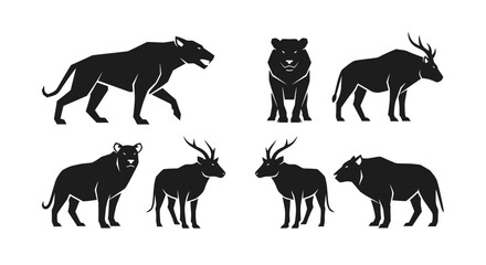 Obraz premium Black silhouettes of lion, deer, and animal on white background