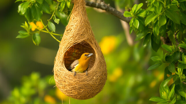 A close-up photograph of a weaver bird sitting inside its hanging teardrop-shaped nest made of golden-brown woven grass
