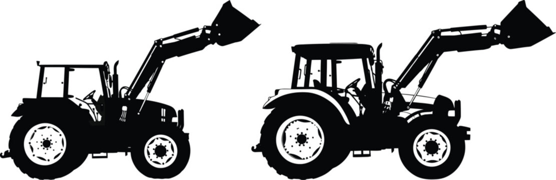 Two black silhouette tractors with front loaders