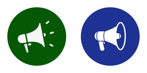 Two megaphone png icons in green and blue colors isolated on transparent background