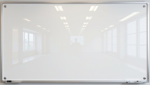 Empty whiteboard in a modern office space with large windows and bright lighting creating a professional atmosphere