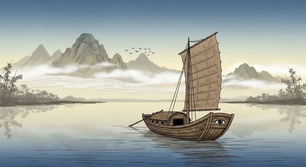 Traditional boat floating on calm water
