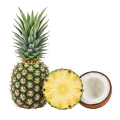 Fresh pineapple with a slice showcasing its juicy interior and a coconut half nearby isolated on transparent background