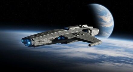 Spacecraft flying near planet cosmos