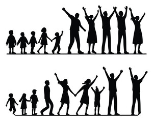 Silhouettes of families with children growing from small to large in two rows family people