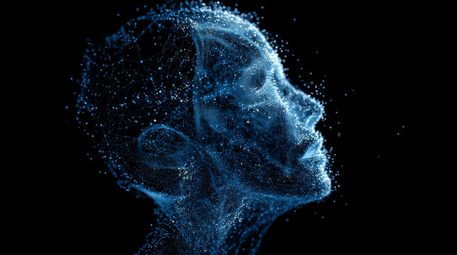 blue digital particles form the profile of an ai head on a black background, symbolizing artificial intelligence and technology