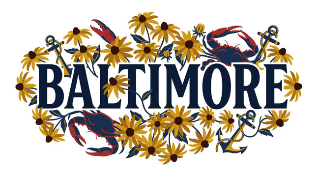 Baltimore typography with crabs and black-eyed susans vector illustration