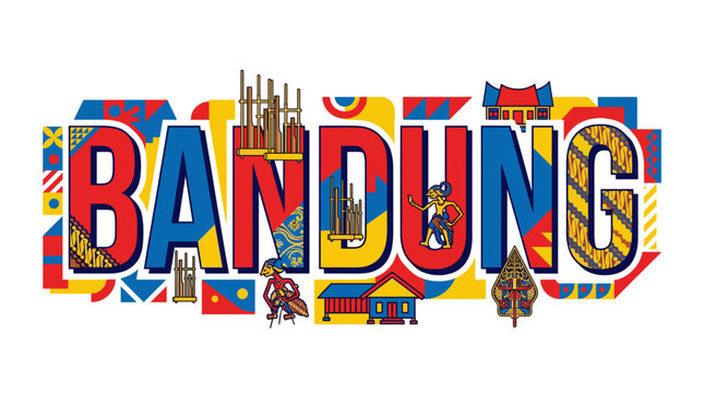 Bandung city name with traditional West Java cultural elements vector illustration