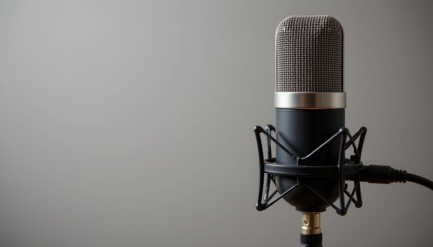 Professional microphone in studio setup for recording music and voice over on neutral background