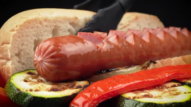 Delicious Grilled Sausage with Vegetables and Bun Closeup.