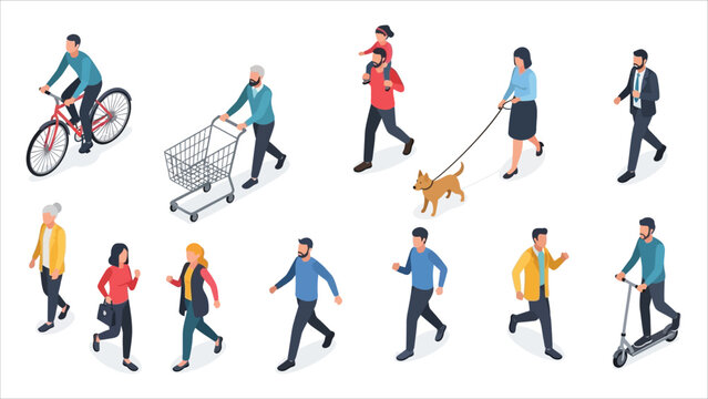  Isometric 3D vector collection of diverse people &ndash; kids, men, women, businessmen, and athletes walking, running, and riding, isolated on white