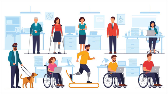  Large inclusive workplace vector set featuring people with disabilities &ndash; blind man with guide dog, girl with prosthetic limb, and wheelchair users in flat cartoon style.