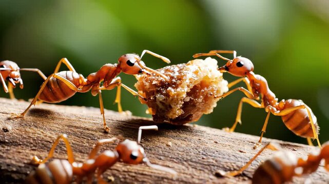 Macro close-up of red ants working together to carry a food crumb on a branch. Insects cooperating in nature. Teamwork concept