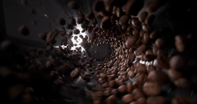 Tumbling coffee beans swirling through metallic chute toward bright light inside roastery for food production and cafe branding.