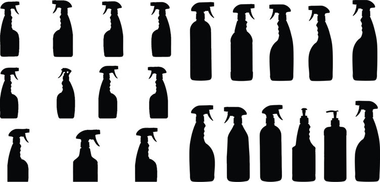 A collection of black spray bottle silhouettes on a white background