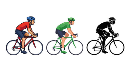 Fototapeta premium Three cyclists in dynamic motion showcasing different styles of racing attire and one in silhouette conveying speed and athletic