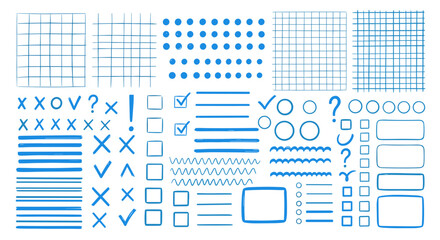 Fototapeta premium Collection of blue hand drawn graphic elements including grids checkmarks crosses lines circles and squares for design