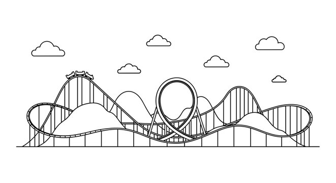 Exciting amusement park roller coaster with loops and drops depicted in a clean modern line art style against a simple sky