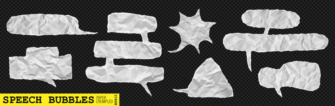 Torn paper speech bubble white notebook sheet set. Chat dialog balloons with torn rip effect crumpled cardboard note piece for school collage. Vector star form memo template on like transparent png bg