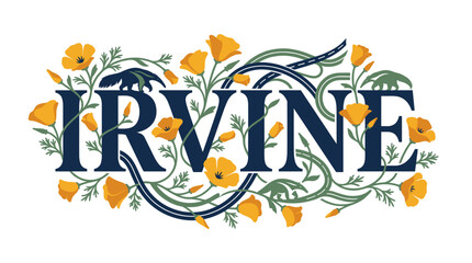 Fototapeta premium Irvine California city name with poppies and anteaters vector illustration