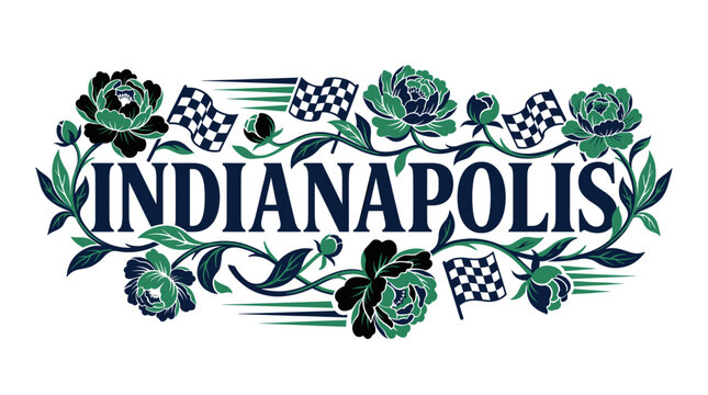 Indianapolis typography with peonies and racing flags vector illustration