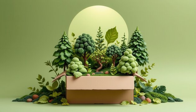 Lush Greenery and Nature Created from Craft Materials in a Box on a Soft Green Background