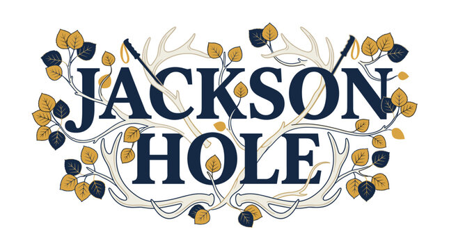 Jackson Hole typography with elk antlers and aspen leaves vector illustration