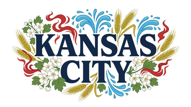 Kansas City emblem with wheat and fountains vector illustration
