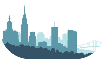 Naklejka premium Teal and blue silhouette cityscape with skyscrapers and a bridge on a white background skyline