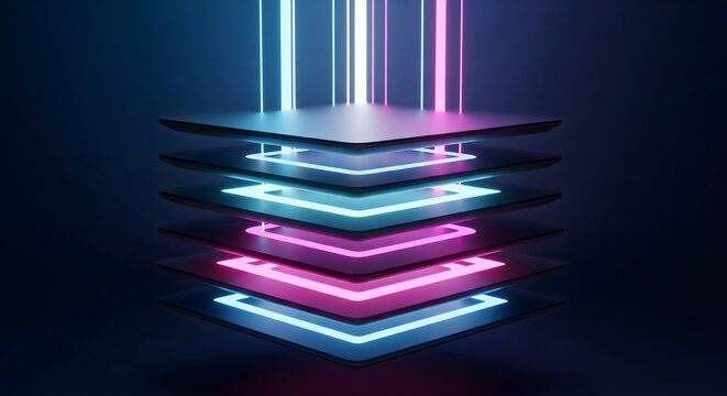 Futuristic technology layers with abstract neon light beams representing data storage or processing architecture on a dark background.