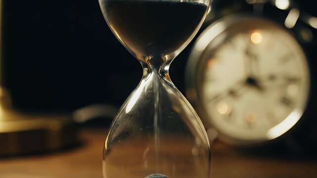 Hourglass measuring time on wooden table with clock in background