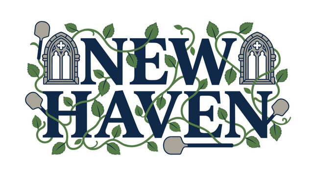 New Haven city typography with ivy and pizza peels vector illustration