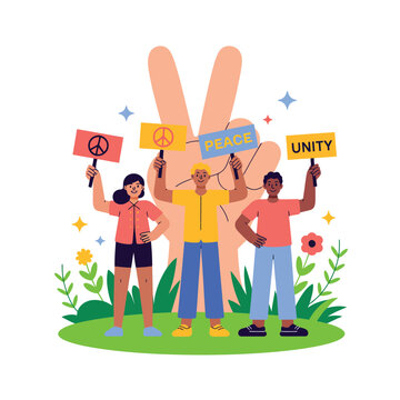 A diverse group of people holding peace and unity signs together