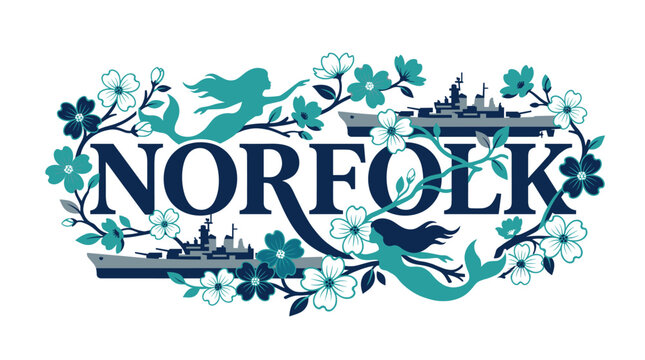 Norfolk Virginia city name with mermaids and battleships vector illustration
