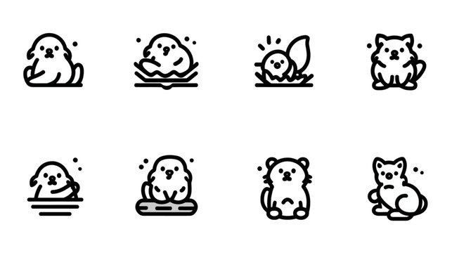 Cute small animal icons, minimalist outline vector set of adorable mammals in various poses, simple line art wildlife collection.
